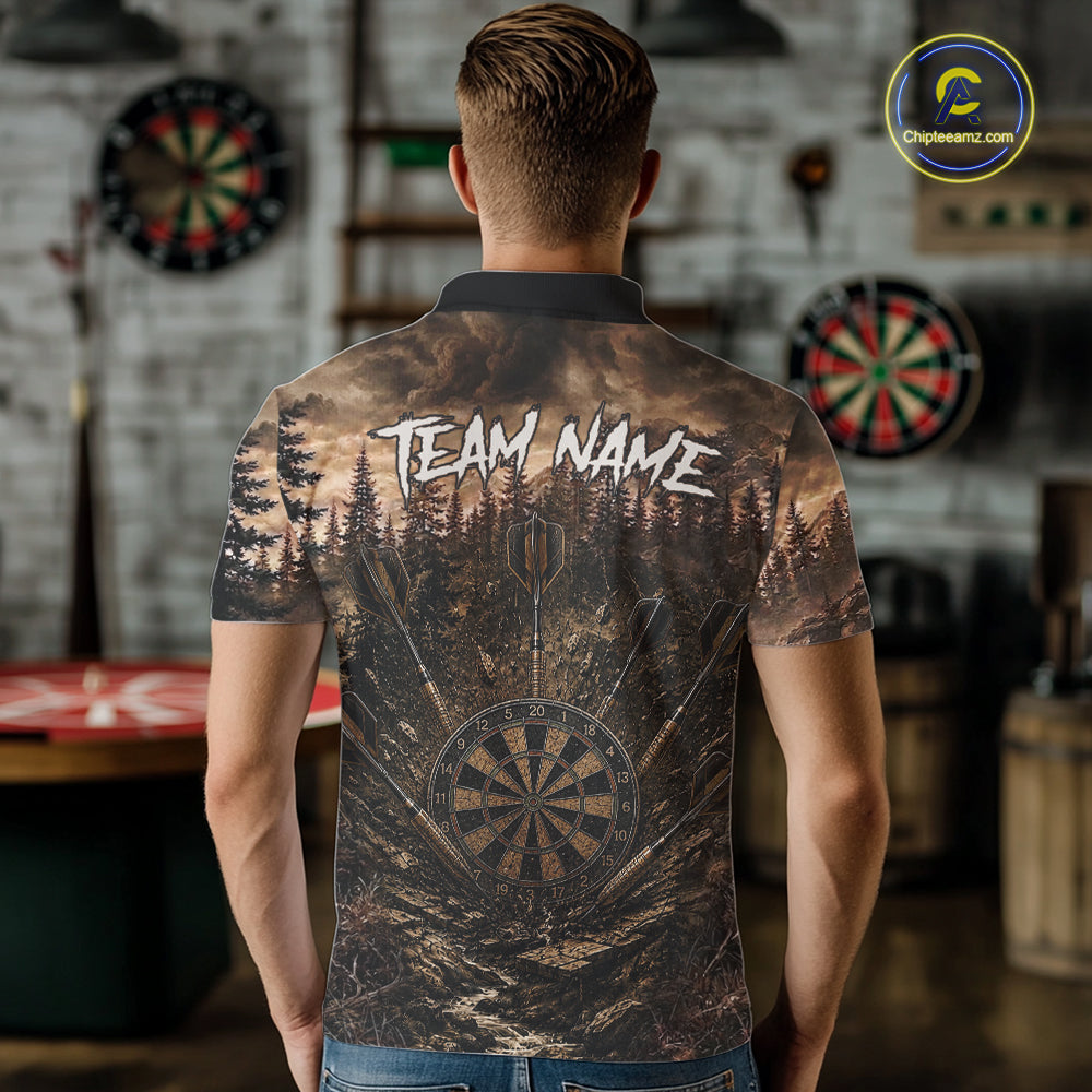 Male model wearing Funny Deer Brown Grunge Darts Polo, Personalized Tournament Shirt
