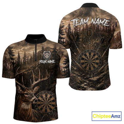 Funny Deer Men's Quarter-Zip Darts Jersey Mockup, Hunting Theme Dart Team Apparel