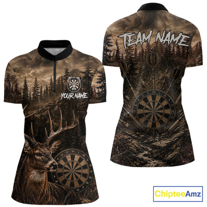Funny Deer Women's Quarter-Zip Darts Shirt Mockup, Brown Forest Custom Tournament Jersey