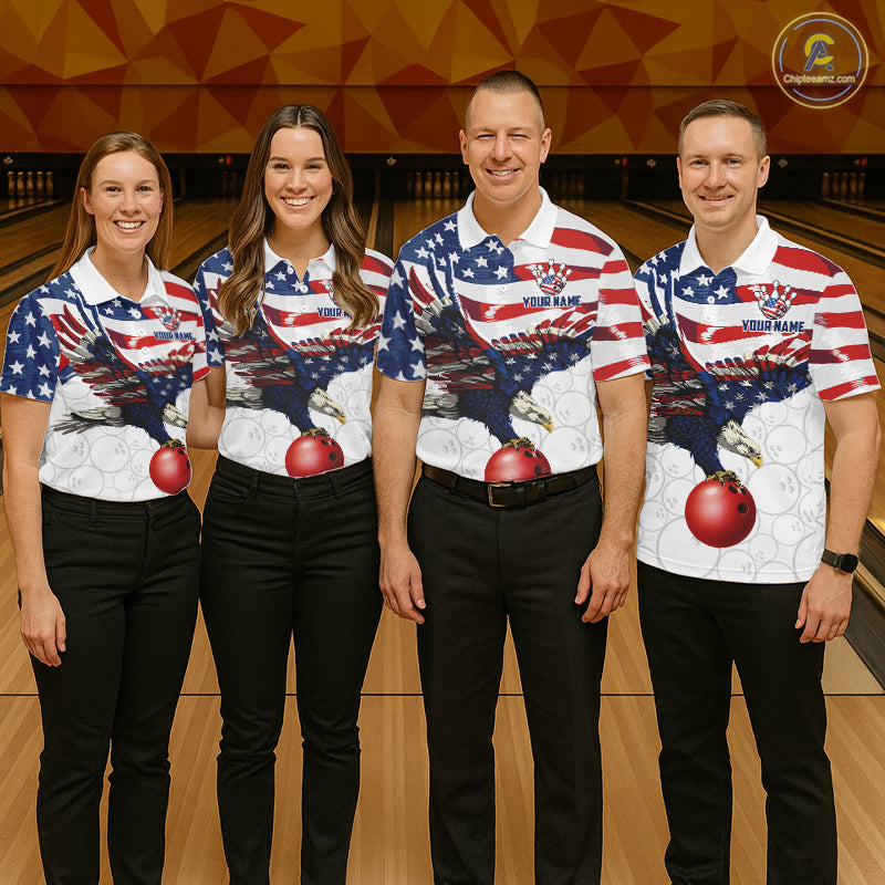 Red, White And Blue American Flag Eagle Bowling Shirts For Women Custom Patriot Bowling Team Jersey NYN4026