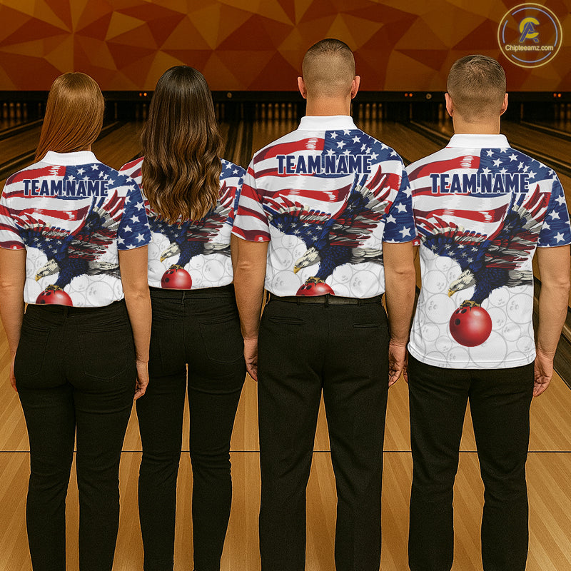 Red, White And Blue American Flag Eagle Bowling Shirts For Women Custom Patriot Bowling Team Jersey NYN4026