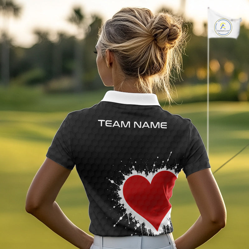 Red Hearts Poker Womens Golf Polo Shirt Custom Name Splatter Poker Golf Top For Team, Golf Gift NYN4035