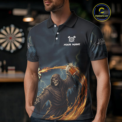 Custom Funny Play Darts & Beer Grim Reaper Dartboard Men Darts Polo Shirt Dart Jerseys NYN1914