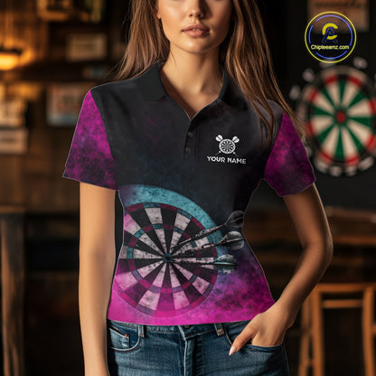 Blue & Pink Tie Dye Grunge Darts 1/4-Zip Shirts For Women Custom Wings Dartboard Team Jerseys NYN2447