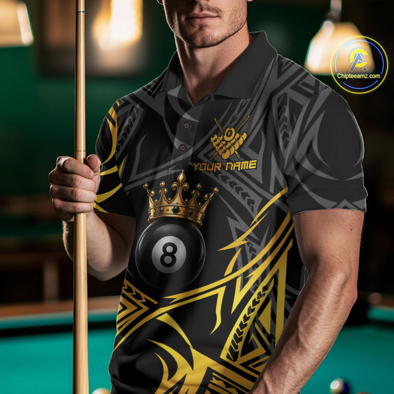 Male model wearing Gold Tribal Crown billiard polo featuring royal tribal artwork, personalized pool league apparel, championship cue sports jersey, luxury athletic performance clothing with premium styling