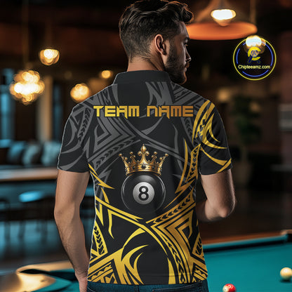 Male model wearing Gold Tribal Crown billiard polo featuring royal tribal artwork, personalized pool league apparel, championship cue sports jersey, luxury athletic performance clothing with premium styling