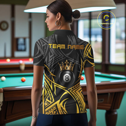 Female model wearing Gold Tribal Crown billiard polo with elegant crown artwork, personalized 8 Ball pool jersey, premium tournament apparel, luxury cue sports clothing inspired by royalty, confidence and leadership
