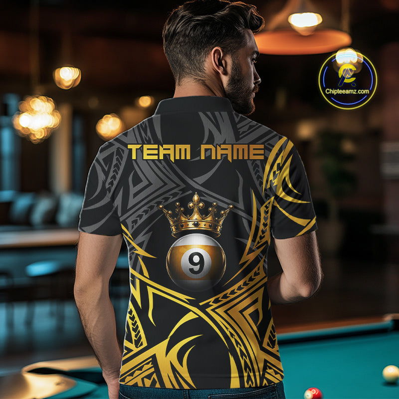Male model wearing Gold Tribal Crown 9 Ball billiard polo featuring premium tribal artwork, personalized APA tournament jersey, championship athletic cue sports clothing with luxury styling
