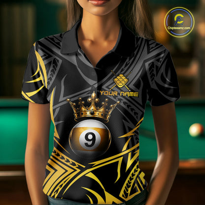 Female model wearing Gold Tribal Crown 9 Ball billiard polo featuring luxury crown artwork, personalized championship pool jersey, elegant cue sports apparel for competitive league players