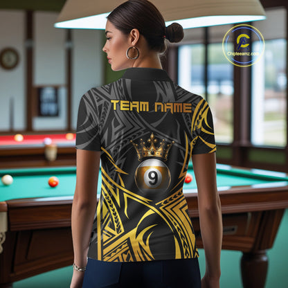 Female model wearing Gold Tribal Crown 9 Ball billiard polo featuring luxury crown artwork, personalized championship pool jersey, elegant cue sports apparel for competitive league players