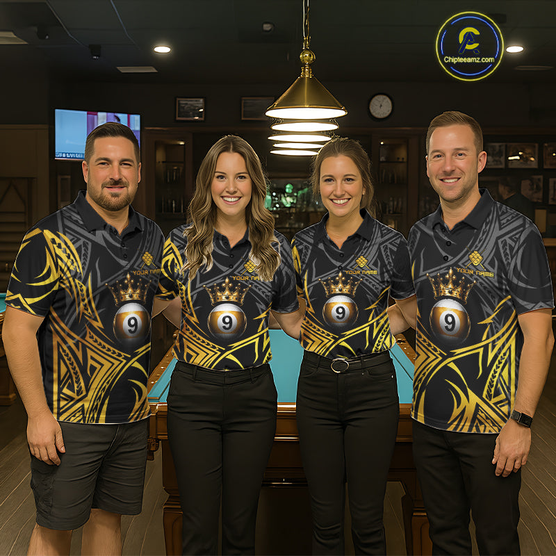 Coordinated Gold Tribal Crown 9 Ball billiard jerseys for men and women, personalized pool team uniforms inspired by royalty and tribal artistry, representing ambition, prestige, leadership and victory while appealing to fantasy enthusiasts, tattoo culture, premium sportswear fans and professional cue sports competitors