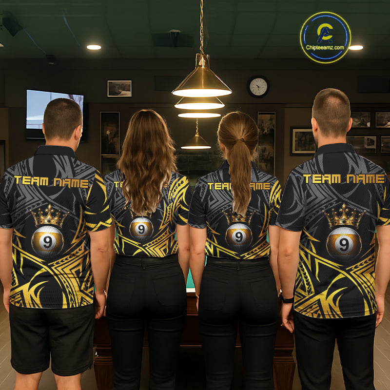 Coordinated Gold Tribal Crown 9 Ball billiard jerseys for men and women, personalized pool team uniforms inspired by royalty and tribal artistry, representing ambition, prestige, leadership and victory while appealing to fantasy enthusiasts, tattoo culture, premium sportswear fans and professional cue sports competitors