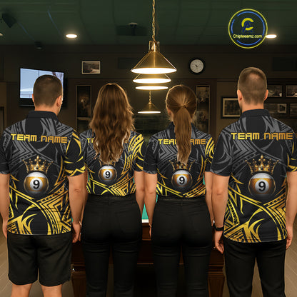 Coordinated Gold Tribal Crown 9 Ball billiard jerseys for men and women, personalized pool team uniforms inspired by royalty and tribal artistry, representing ambition, prestige, leadership and victory while appealing to fantasy enthusiasts, tattoo culture, premium sportswear fans and professional cue sports competitors