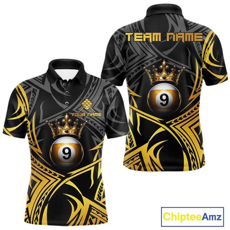 Gold Tribal Crown men's 9 Ball billiard polo featuring elegant crown graphics, tribal patterns, personalized pool league jersey, championship cue sports apparel, premium athletic performance uniform