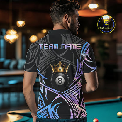 Male model wearing Holographic Tribal Crown billiard polo featuring holographic tribal artwork, personalized APA tournament jersey, premium athletic cue sports clothing inspired by modern performance fashion
