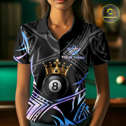Female model wearing Holographic Tribal Crown billiard polo featuring iridescent crown artwork, personalized championship pool jersey, futuristic cue sports apparel designed for competitive league play