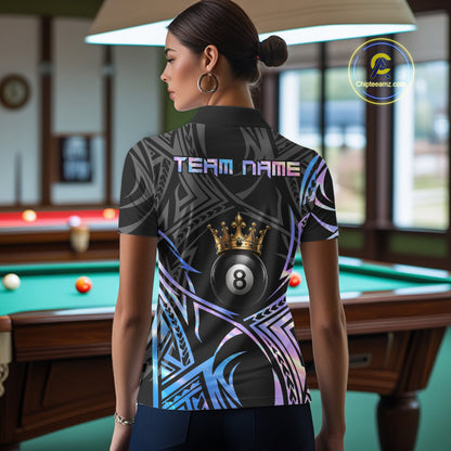 Female model wearing Holographic Tribal Crown billiard polo featuring iridescent crown artwork, personalized championship pool jersey, futuristic cue sports apparel designed for competitive league play