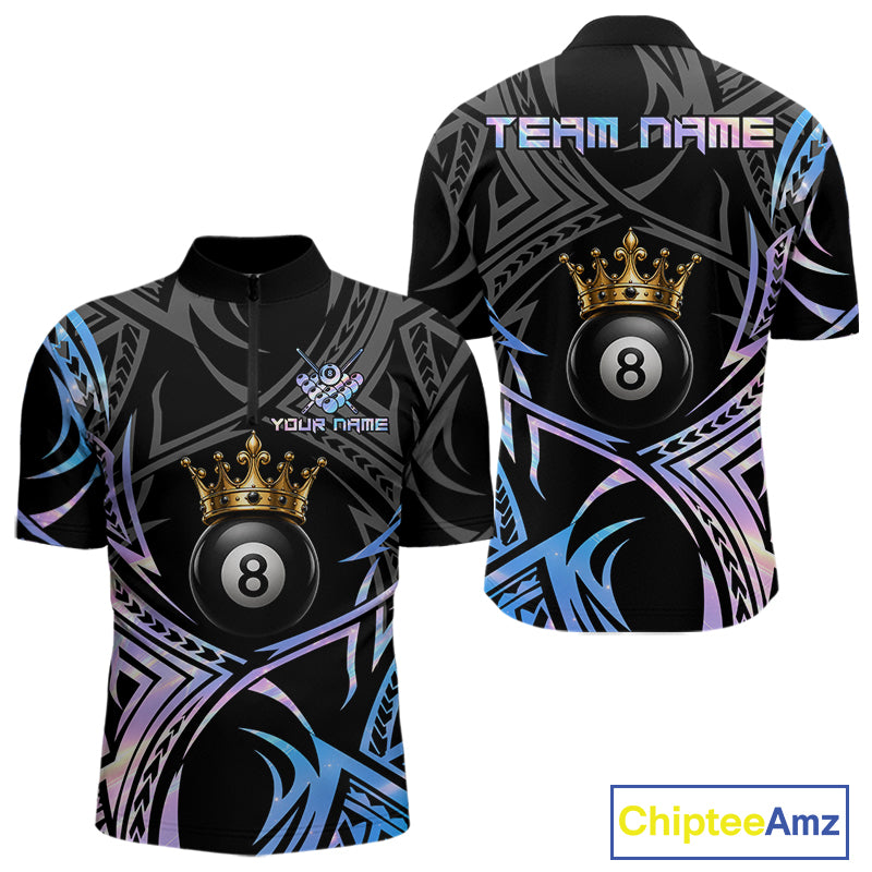 Holographic Tribal Crown men's quarter-zip billiard jersey featuring iridescent tribal crown graphics, personalized pool championship apparel, custom cue sports athletic uniform