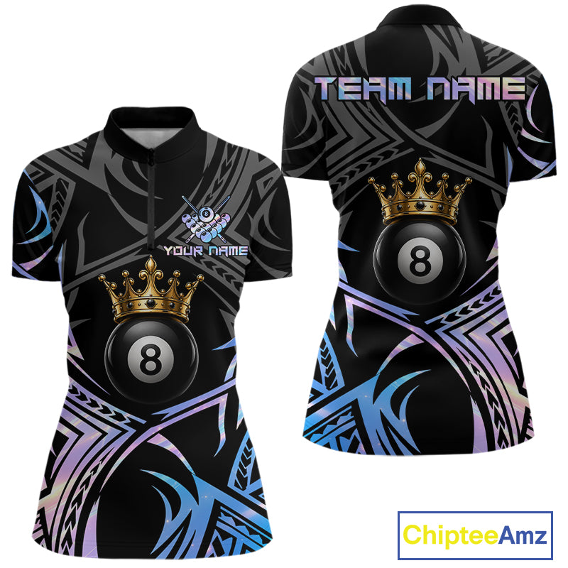 Holographic Tribal Crown women's quarter-zip billiard jersey featuring shimmering tribal crown artwork, personalized 8 Ball tournament shirt, APA league apparel, futuristic cue sports performance clothing
