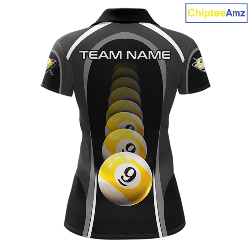 Black Blur 9 Ball Pool Polo & 1/4-Zip Team Shirt For Women Personalized Billiards Ball Apparel NYN2454