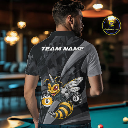 Male model wearing Funny Bee pool jersey featuring personalized championship tournament apparel, cue sports performance clothing, adorable bee mascot athletic uniform for APA and BCA events