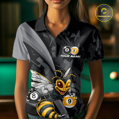 Female model wearing Funny Bee billiard polo featuring personalized 8 Ball & 9 Ball pool jersey, professional cue sports apparel, cheerful mascot performance clothing for league competition