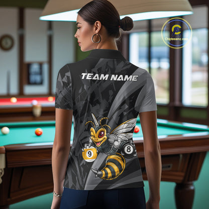 Female model wearing Funny Bee billiard polo featuring personalized 8 Ball & 9 Ball pool jersey, professional cue sports apparel, cheerful mascot performance clothing for league competition
