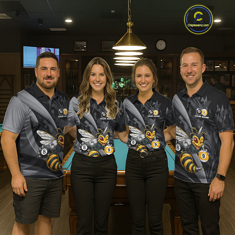 Matching Funny Bee billiard jerseys for men and women featuring cheerful bee mascot symbolizing teamwork, dedication, persistence, productivity and success, ideal for APA, BCA and VNEA leagues, family teams, nature lovers, environmental advocates, wildlife enthusiasts, recreational pool clubs and championship cue sports competitions