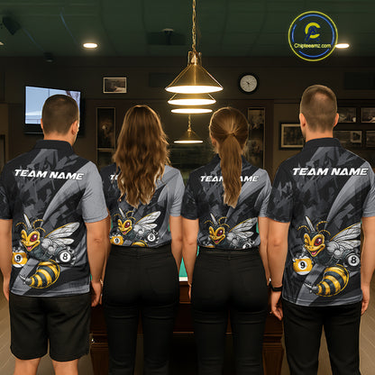 Matching Funny Bee billiard jerseys for men and women featuring cheerful bee mascot symbolizing teamwork, dedication, persistence, productivity and success, ideal for APA, BCA and VNEA leagues, family teams, nature lovers, environmental advocates, wildlife enthusiasts, recreational pool clubs and championship cue sports competitions