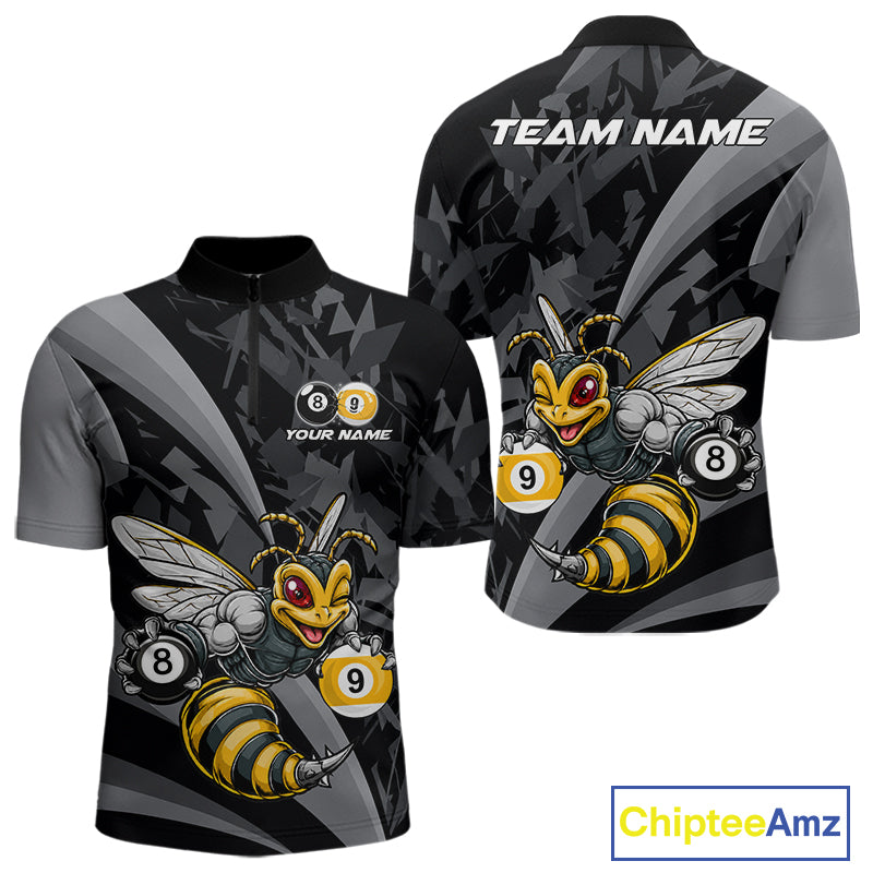 Grey Funny Bee men's quarter-zip billiard jersey featuring funny bee graphics, personalized cue sports tournament apparel, lightweight championship athletic uniform