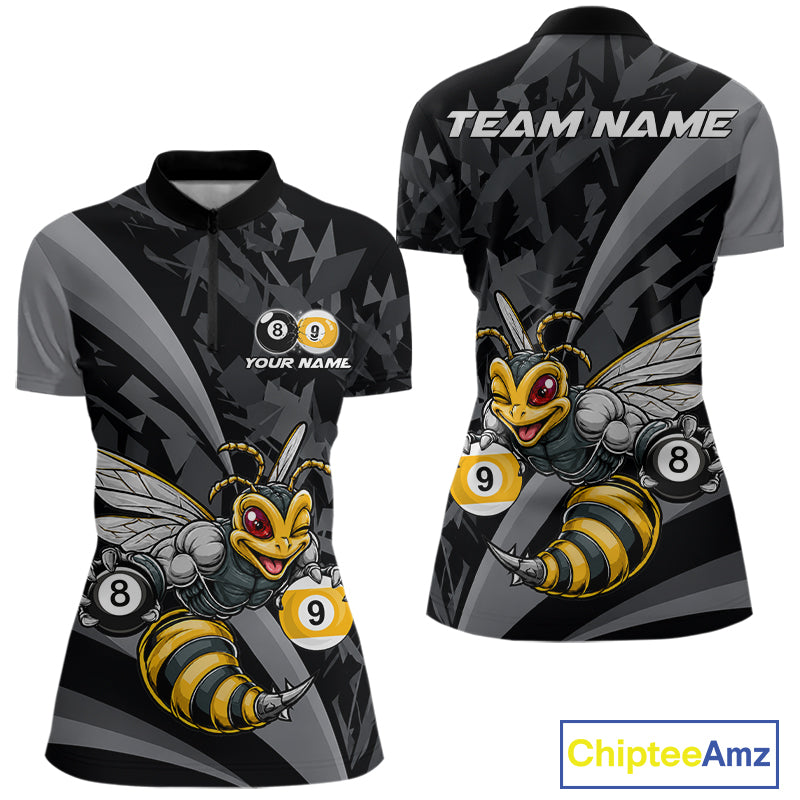 Grey Funny Bee women's quarter-zip billiard jersey featuring cute bee mascot, personalized pool tournament shirt, APA league apparel, premium cue sports performance clothing