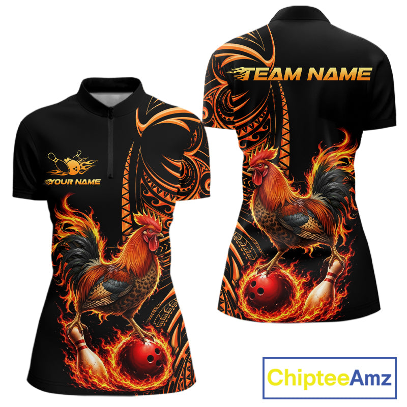 Personalized Flame Rooster Funny Bowling Shirts For Women, Orange Tribal Bowling Shirts Team Uniform NYN4076