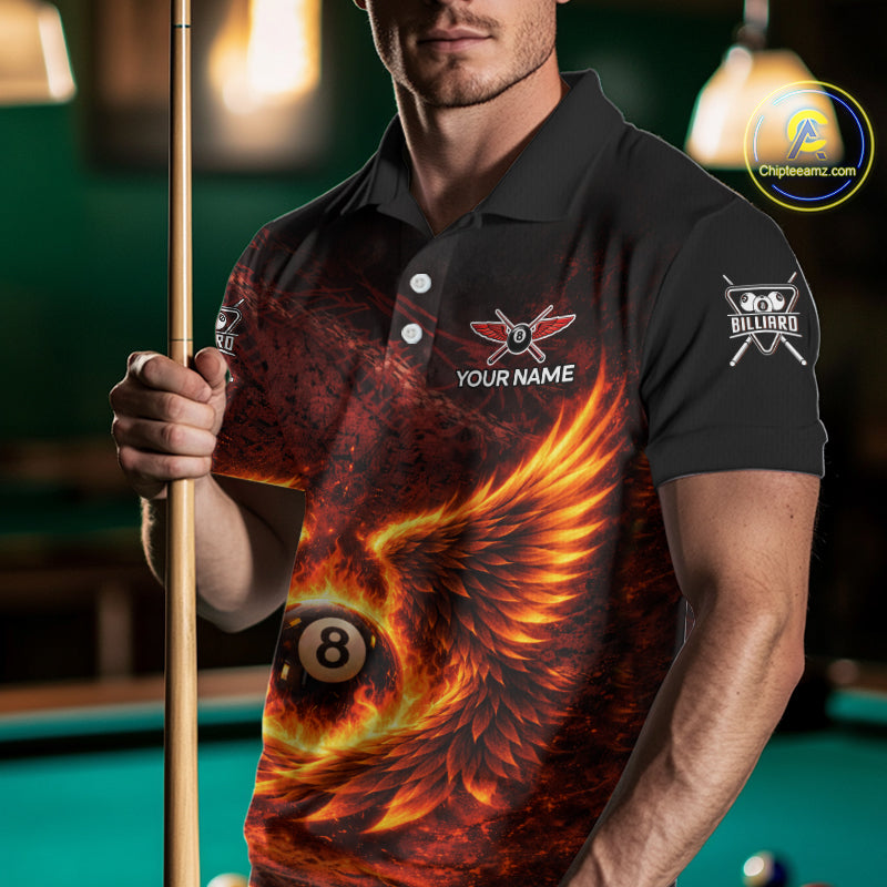 Fire Flame Wings 8 Ball Pool Polo & 1/4-Zip Team Shirt For Men Custom Billiards Ball Apparel NYN2461