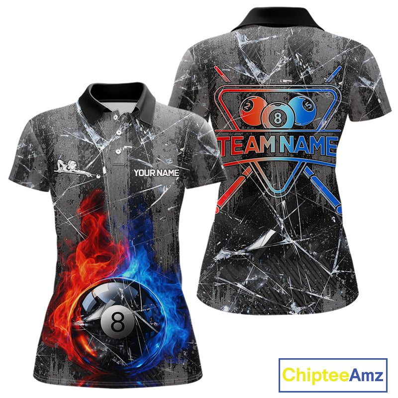 Glass Crack 8 Ball Pool Women Polo & 1/4-Zip Team Shirts Custom Fire Flame Billiards Ball Apparel NYN2463