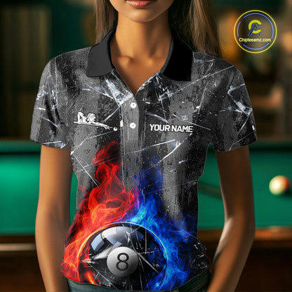 Glass Crack 8 Ball Pool Women Polo & 1/4-Zip Team Shirts Custom Fire Flame Billiards Ball Apparel NYN2463