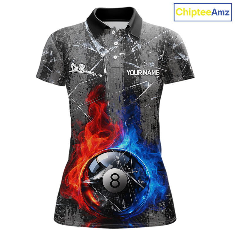 Glass Crack 8 Ball Pool Women Polo & 1/4-Zip Team Shirts Custom Fire Flame Billiards Ball Apparel NYN2463