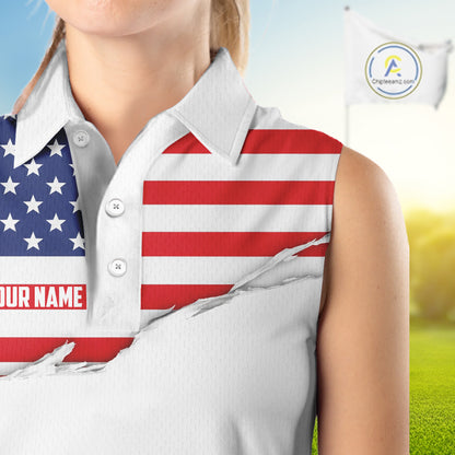 Womens US Flag Golf Shirts Patriotic Golf Jersey Custom Red And Blue Golf Sleeveless Polo Golf Gifts NYN3054