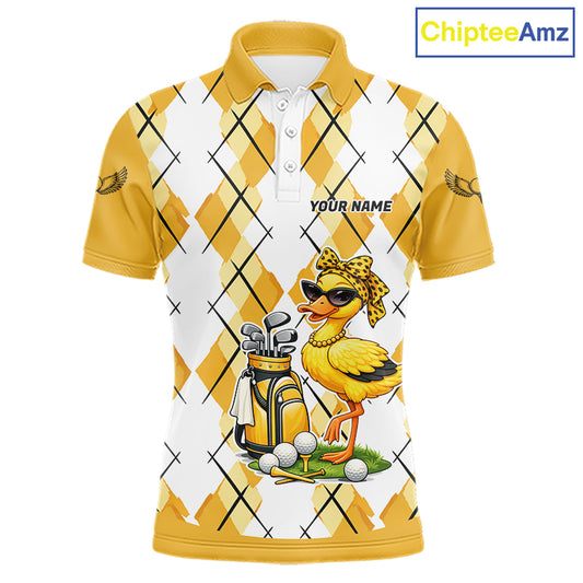 Mens Funny Duck Golfer Polo Golf Shirts Custom White Yellow Argyle Golf Team Attire For Golfers NYN3057