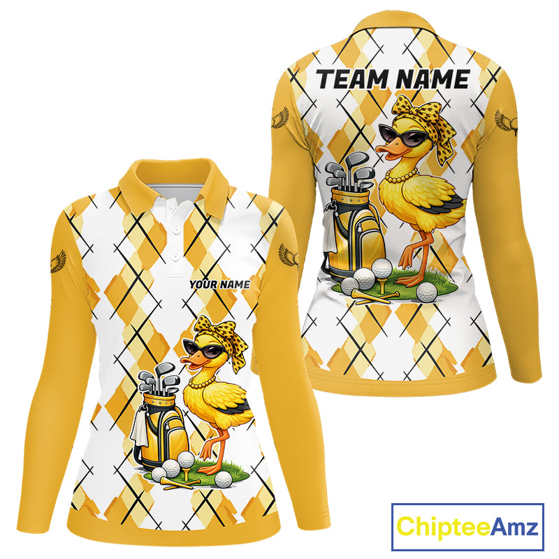 Womens Funny Duck Golfer Polo Golf Shirts Custom White Yellow Argyle Golf Team Attire For Golfers NYN3057