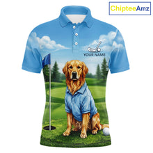Load image into Gallery viewer, Men's Golden Retriever golf polo shirt mockup custom funny golf shirt matching couples golf apparel