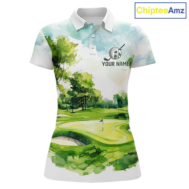 Women's green watercolor golf course polo shirt mockup personalized golf apparel