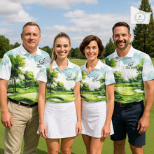 Load image into Gallery viewer, Men's golf team wearing green watercolor golf course polo shirts