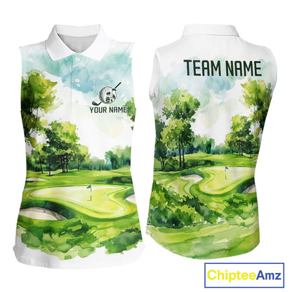 Women's green watercolor golf course polo shirt mockup personalized golf apparel