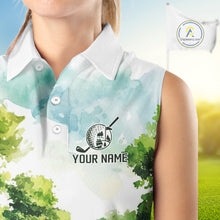 Load image into Gallery viewer, Woman wearing watercolor golf course golf sleeveless polo shirt on fairway