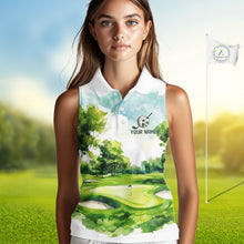 Load image into Gallery viewer, Woman wearing watercolor golf course golf sleeveless polo shirt on fairway