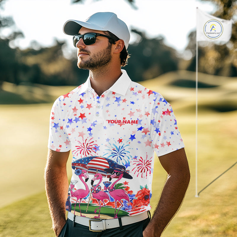 Male golfer wearing patriotic flamingo golf polo during championship tournament, moisture-wicking golf apparel representing leadership, freedom, confidence and national pride