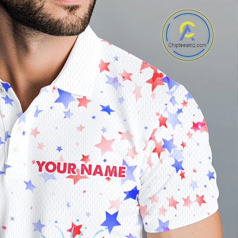 Male golfer wearing patriotic flamingo golf polo during championship tournament, moisture-wicking golf apparel representing leadership, freedom, confidence and national pride