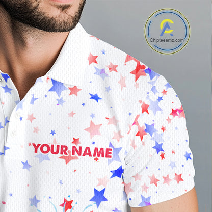 Male golfer wearing patriotic flamingo golf polo during championship tournament, moisture-wicking golf apparel representing leadership, freedom, confidence and national pride