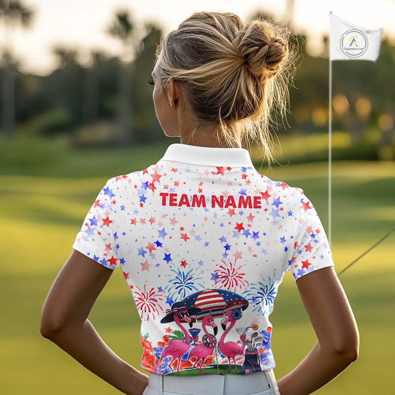 Female golfer wearing patriotic flamingo golf polo during Independence Day golf event, premium golf apparel for patriotic golfers and tropical fashion enthusiasts.