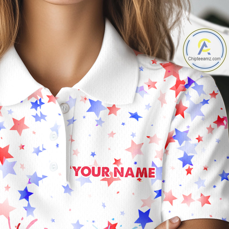 Female golfer wearing patriotic flamingo golf polo during Independence Day golf event, premium golf apparel for patriotic golfers and tropical fashion enthusiasts.